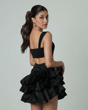 Cutout Bodysuit & Ruffle Mini Skirt Black